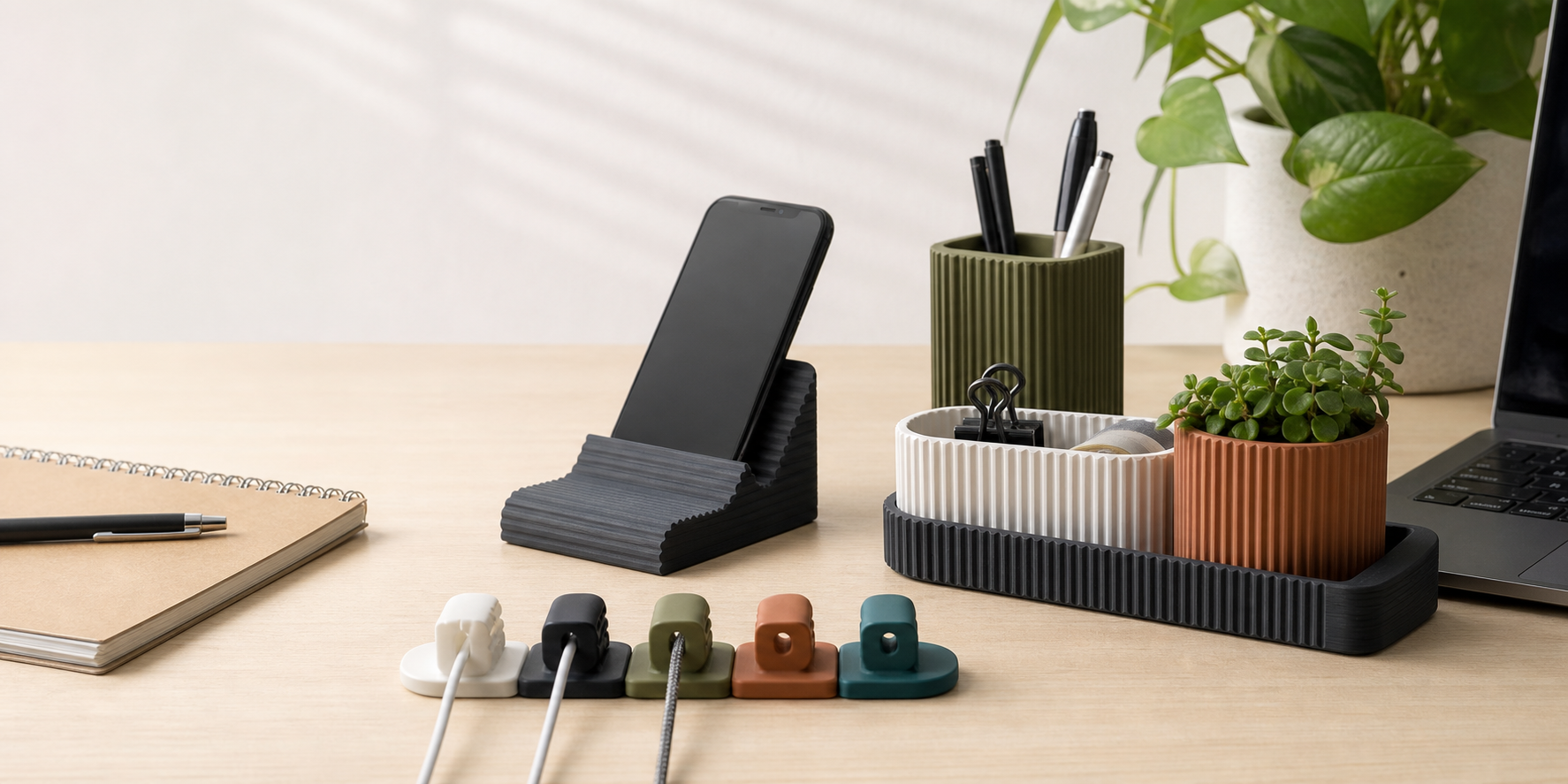 Illustrative 3D printed desk organizers, phone stand, planter, and cable clips on a clean desk